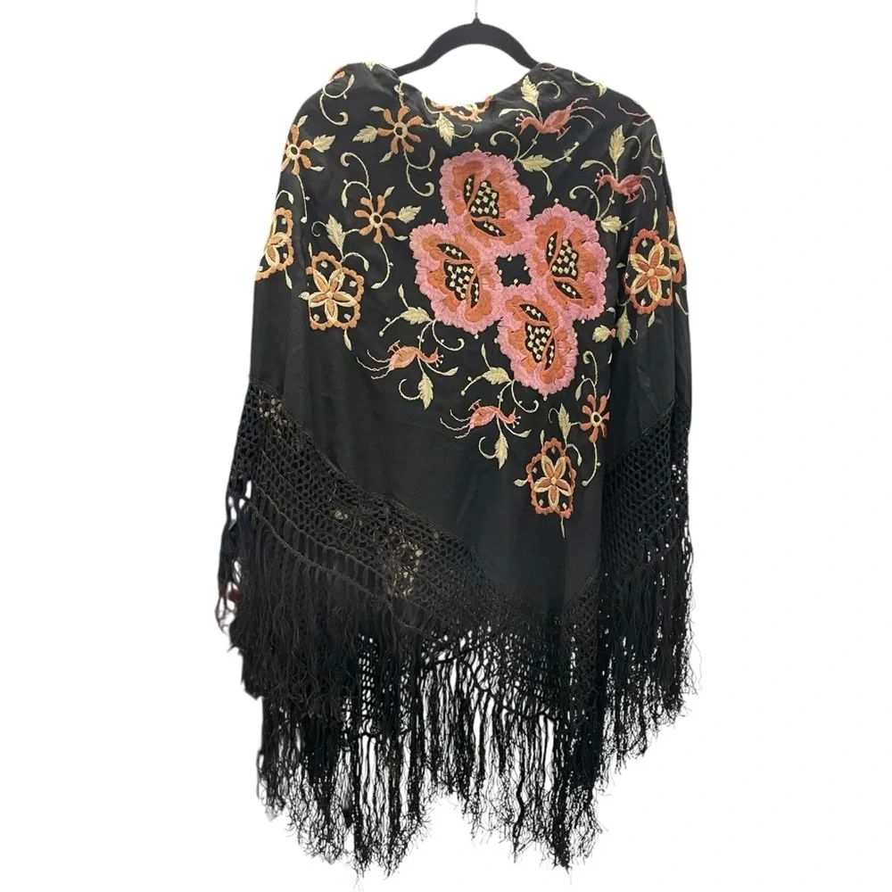 Large Floral Bird Embroidered Shawl Wrap With Tassles Black Pink Multicolored